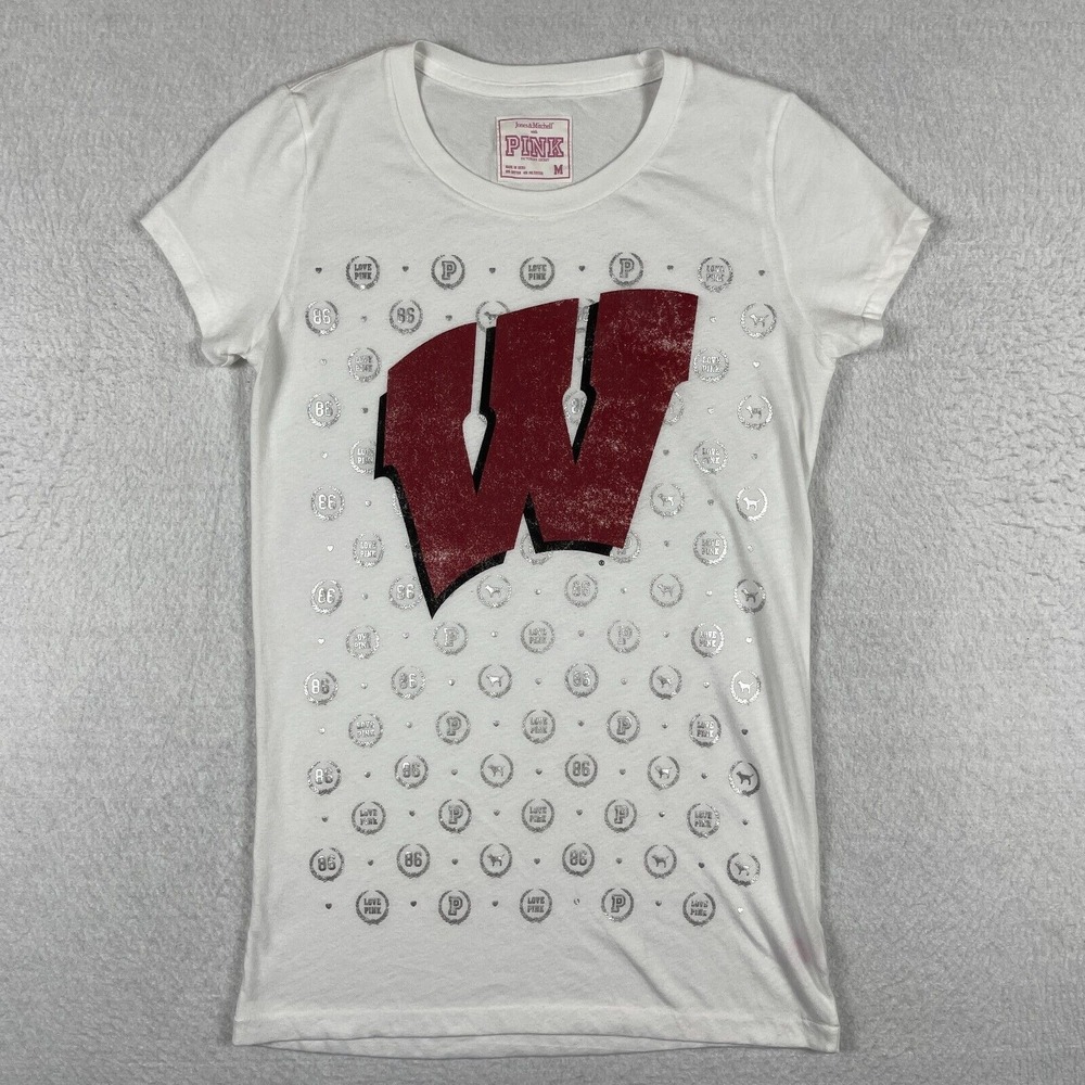 Wisconsin Badgers Shirt Womens Medium White Pink‎ Victorias Secret NCAA Football